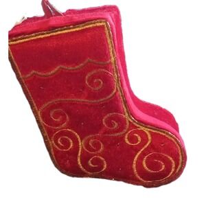 Vintage‎ 7" Red Velvet Embroidered Christmas Tree STOCKING Ornament Trinket Box